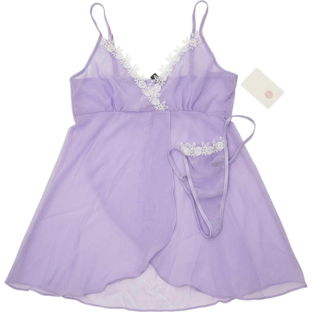 iCollection Lavender Babydoll Chemise G-String Set Lace Trim Size Small
